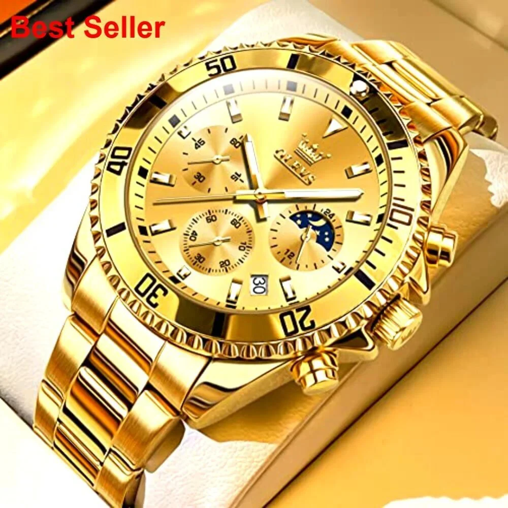 Stainless Steel Watch Big Face Analog Quartz Waterproof Chronograph